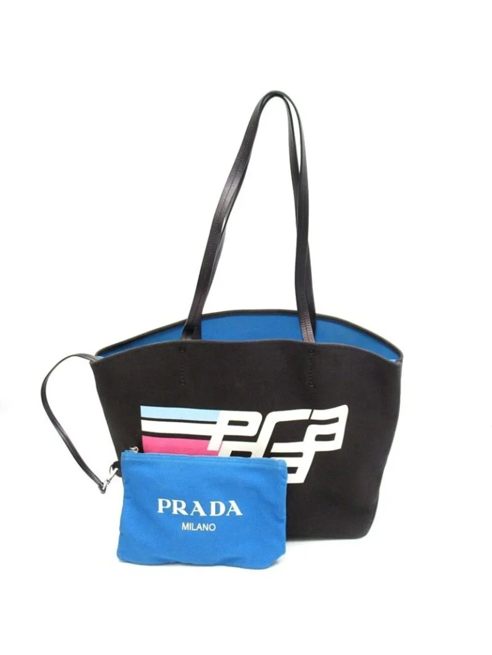 Prada Tote Canvas Leather Shoulder Bag Black